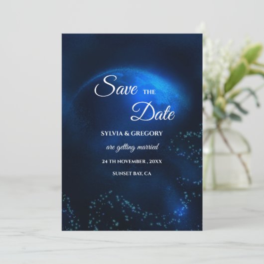 Save The Date Mariage céleste Pleine lune et étoiles Bleu de min (Debout devant)