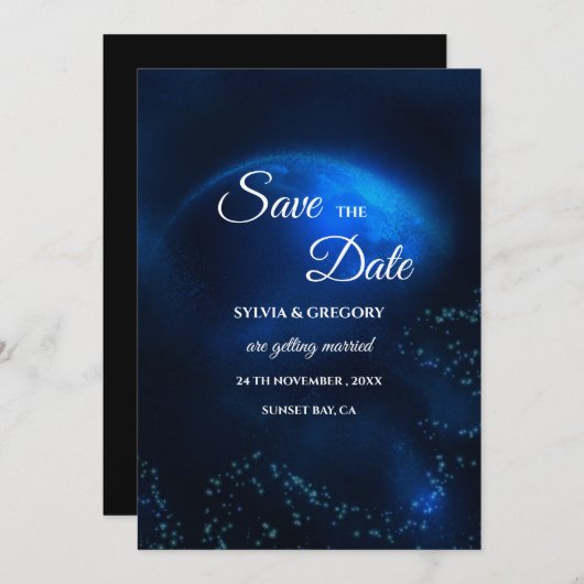 Save The Date Mariage céleste Pleine lune et étoiles Bleu de min (Devant / Derrière)