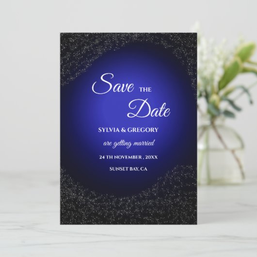 Save The Date Mariage céleste Pleine lune et étoiles Bleu de min (Debout devant)