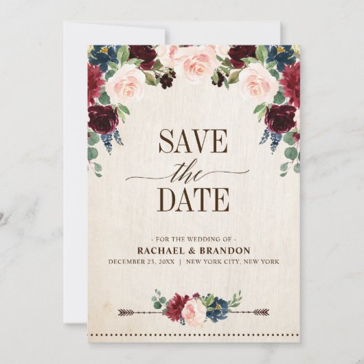 Save The Date Mariage Champêtre Bohème Floral Marine et Bourgogn (Devant)