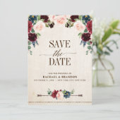 Save The Date Mariage Champêtre Bohème Floral Marine et Bourgogn (Debout devant)