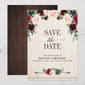 Save The Date Mariage Champêtre Bohème Floral Marine et Bourgogn (Devant / Derrière)