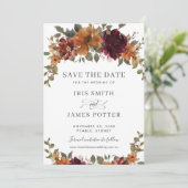 Save The Date Mariage Champêtre Chic Bourgogne Fleurs Orange Brû (Debout devant)