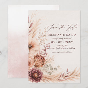 Save The Date Mariage Champêtre Floral de Pampas Bordeaux Automn