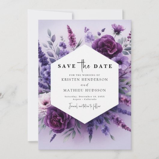Save The Date Mariage Champêtre Romantique aux Fleurs Violettes (Devant)