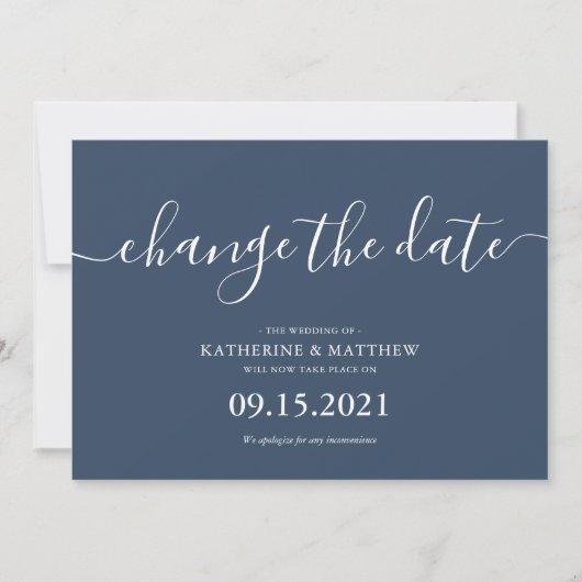 Save The Date Mariage Changement de Date Typographie Script Bleu (Devant)