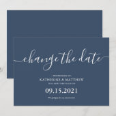 Save The Date Mariage Changement de Date Typographie Script Bleu (Devant / Derrière)