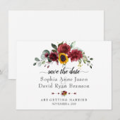 Save The Date Mariage Charm Burgundy Tournesols Calligraphie (Devant / Derrière)