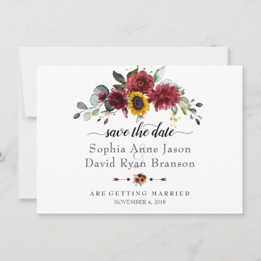 Save The Date Mariage Charm Burgundy Tournesols Calligraphie (Devant)