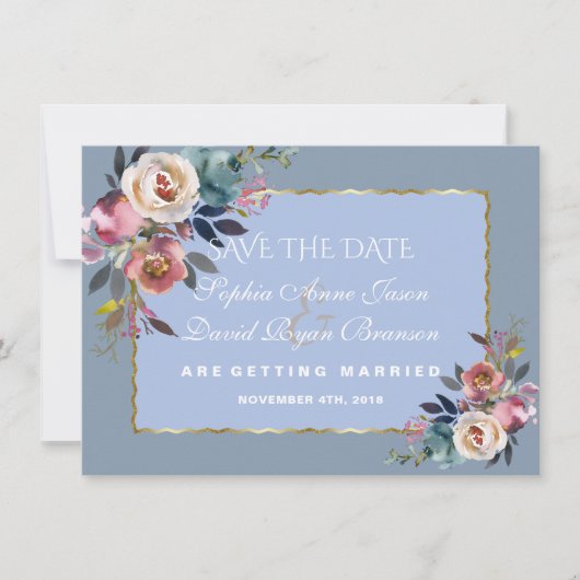 Save The Date Mariage Charm Dusty Blue Misty Rose Cadre en Or (Devant)
