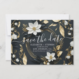 Save The Date Mariage Chic Noir Blanc Or Couronne Fleurie Photo