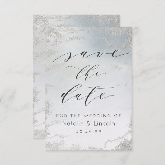 Save The Date Mariage chic Ombre Dusty Blue Frosted Silver Foil (Devant / Derrière)