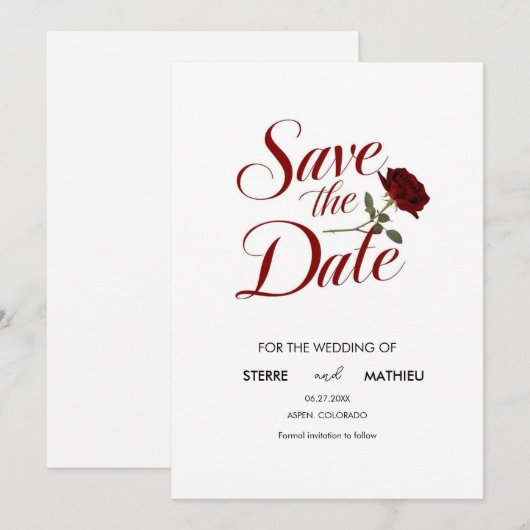 Save The Date Mariage Chic Red Rose (Devant / Derrière)