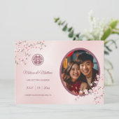 Save The Date Mariage chinois double bonheur cerise fleurs (Debout devant)