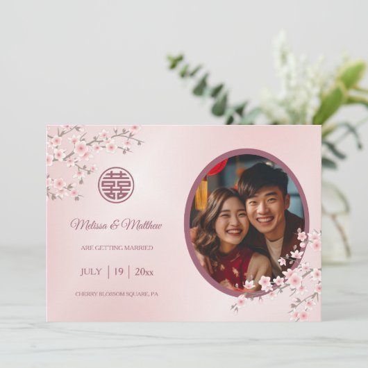 Save The Date Mariage chinois double bonheur cerise fleurs (Debout devant)