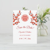 Save The Date Mariage chinois double bonheur cerise fleurs (Debout devant)