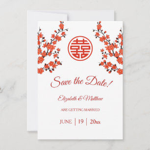 Save The Date Mariage chinois double bonheur cerise fleurs