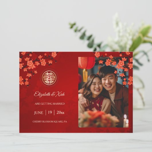 Save The Date Mariage chinois double bonheur cerise fleurs (Debout devant)