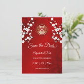 Save The Date Mariage chinois double bonheur cerise fleurs (Debout devant)