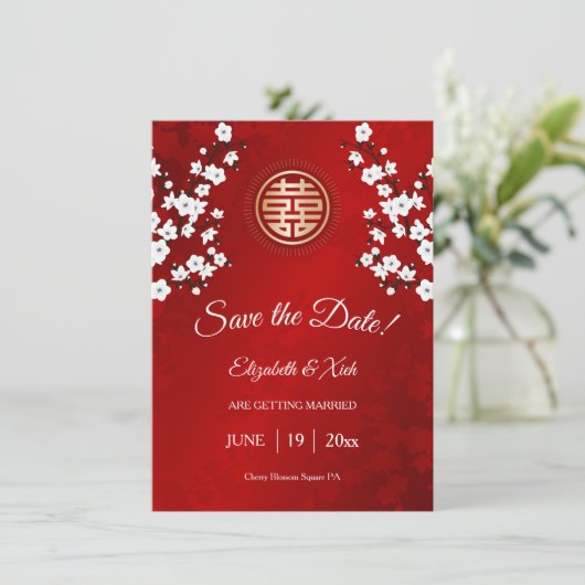 Save The Date Mariage chinois double bonheur cerise fleurs (Debout devant)