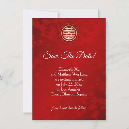 Save The Date Mariage chinois double bonheur cerise fleurs (Dos)