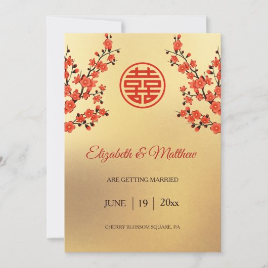 Save The Date Mariage Chinois Double Bonheur Fleur de Cerisier (Devant)