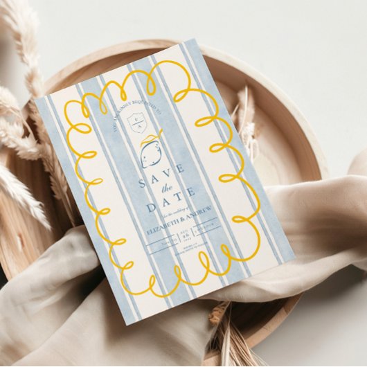 Save The Date Mariage citron bleu jaune méditerranéen