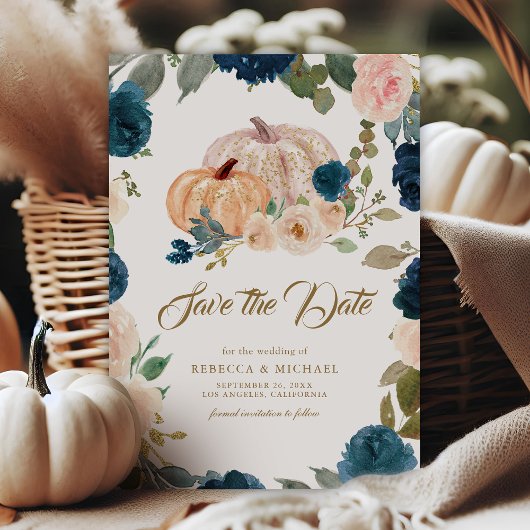 Save The Date Mariage Citrouille floral bleu marine