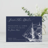 Save The Date Mariage Classique de Navire Nautical Bleu Marine (Debout devant)