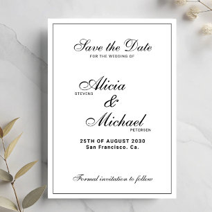 Save The Date Mariage classique élégant noir et blanc formel