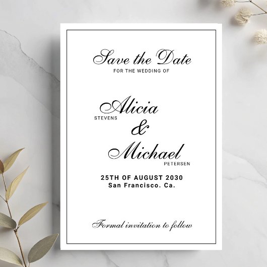 Save The Date Mariage classique élégant noir et blanc formel