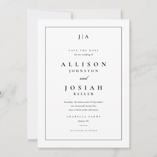 Save The Date Mariage Classique Monogramme Noir et Blanc (Devant)