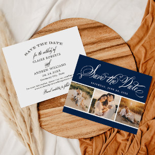 Save The Date Mariage Classique Navy Calligraphie Trois Photos