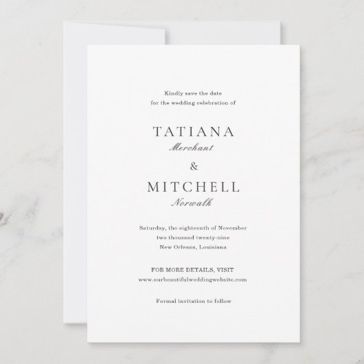 Save The Date Mariage classique noir et blanc élégant (Devant)