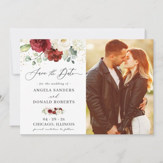 Save The Date Mariage classique Rouge Blanc Floral Or Confetti (Devant)