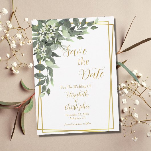 Save The Date Mariage code QR cadre or eucalyptus verdure