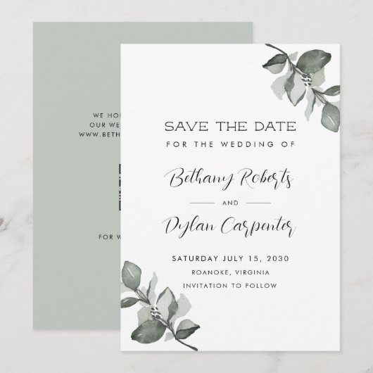 Save The Date Mariage Code QR Eucalyptus Aquarelle Sage (Devant / Derrière)