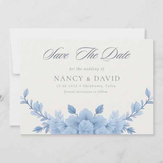 Save The Date Mariage Code Qr Floral Bleu Poussiéreux (Devant)