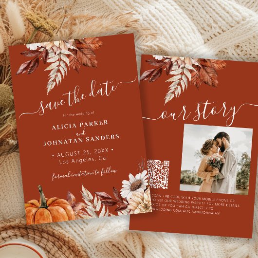 Save The Date Mariage code QR floral en terre cuite moderne rust
