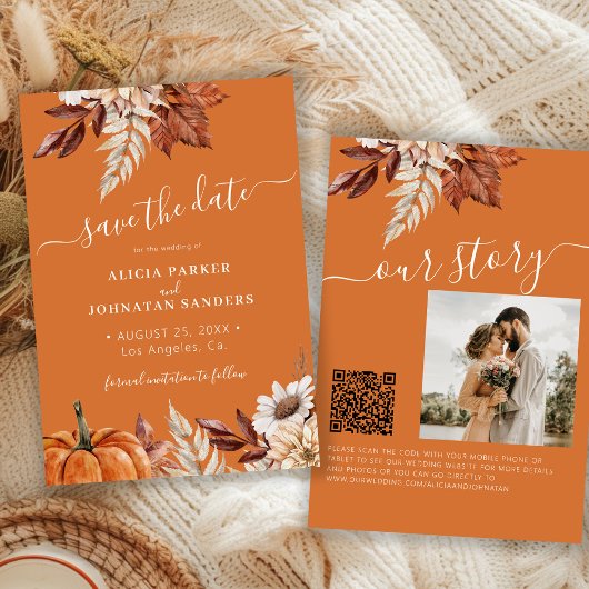 Save The Date Mariage code QR floral orange brûlé moderne rustiq