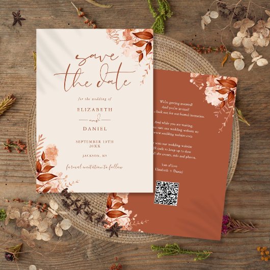 Save The Date Mariage Code QR Floral Rustique Automne