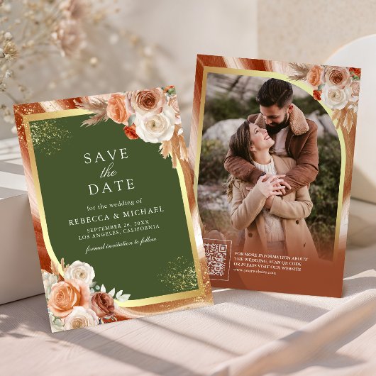 Save The Date Mariage Code QR Floral Terracotta Vert Olive