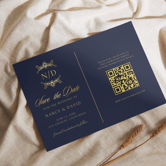 Save The Date Mariage Code QR Monogramme Bleu Marine Et Or