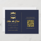 Save The Date Mariage Code QR Monogramme Bleu Marine Et Or (Devant)
