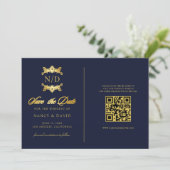 Save The Date Mariage Code QR Monogramme Bleu Marine Et Or (Debout devant)