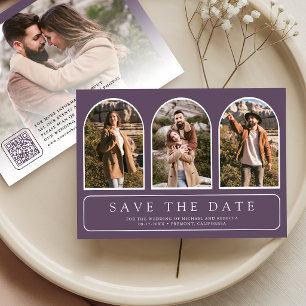 Save The Date Mariage Code QR Photo Arch Minimaliste Violet Pous
