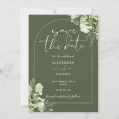Save The Date Mariage Code QR Photo Arche Florale Vert Olive Dor (Devant)