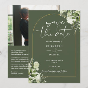 Save The Date Mariage Code QR Photo Arche Florale Vert Olive Dor