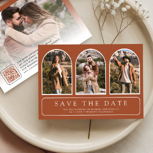 Save The Date Mariage Code QR Photo d'Arche Minimaliste en Terra