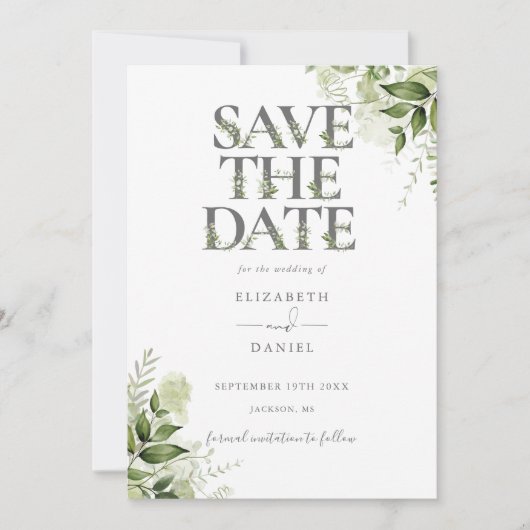 Save The Date Mariage Code QR Typographie Florale de Verdure (Devant)